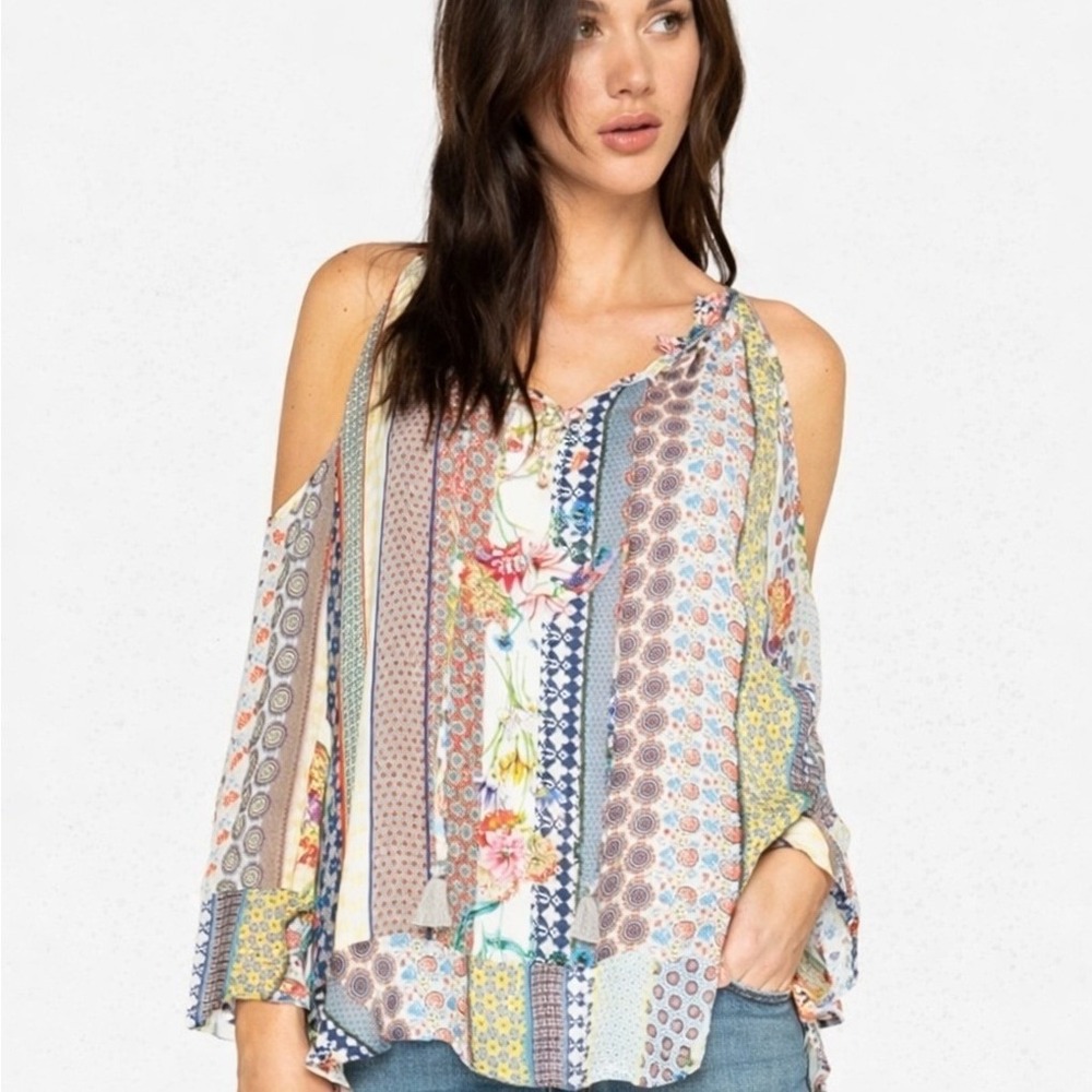 Johnny Was Garden Patchwork Cold Shoulder Blouse Boho Floral Top S